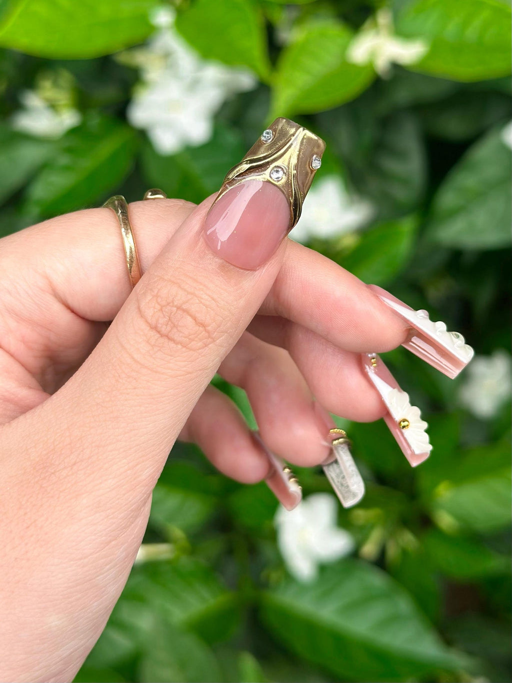 Royal Balletcore Press On Nails | Luxury Pearl Bow Fake Nails | Handpainted Gold French Tip Nails |Elegant Bridal Nails Reusable | OB343IC