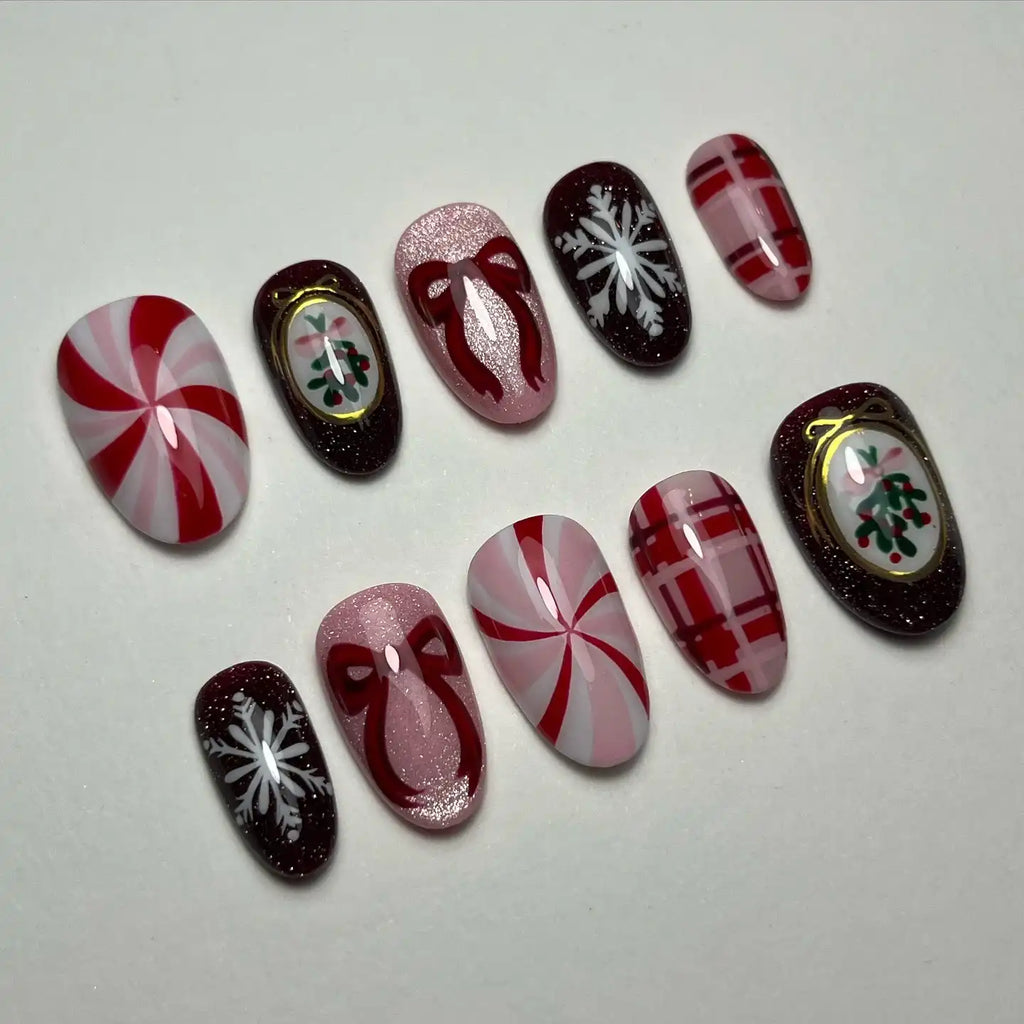 Handmade Candy Cane Snowflake Red Bow Holiday Art Christmas Press on Nails A64