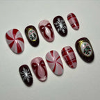 Handmade Candy Cane Snowflake Red Bow Holiday Art Christmas Press on Nails A64