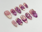 Glossy Purple Flower Press On Nails | 3D Floral Chrome Nails | Handmade Long Nails | Sparkling Violet Flower Tips| Elegant Nail Set |OC770HC