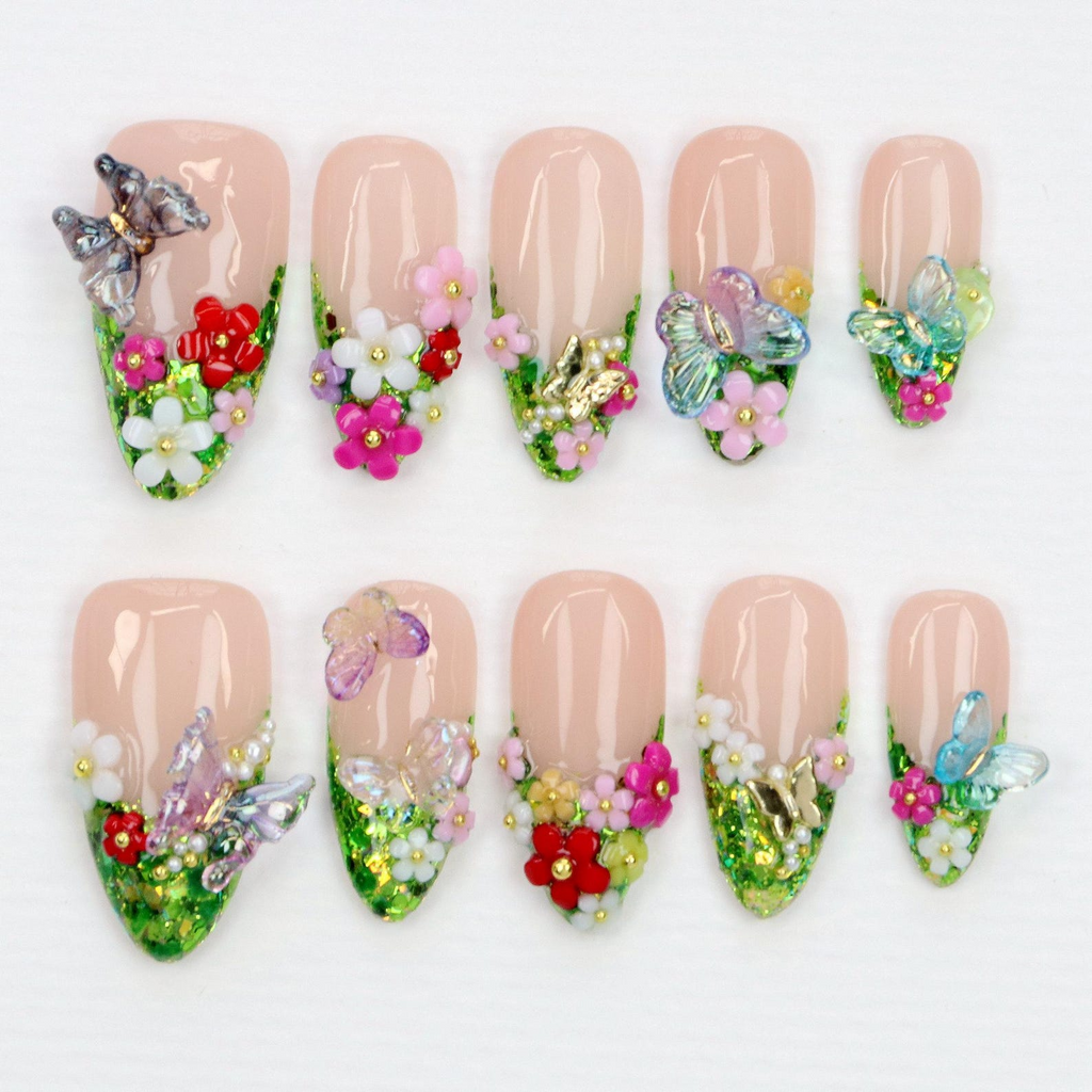 Green Glitter Press On Nails | Handcrafted Freestyle Forest-Inspired Secret Garden Nails | Custom 3D Butterfly Floral Fake Nails Art | Y2K Gifts OB906L