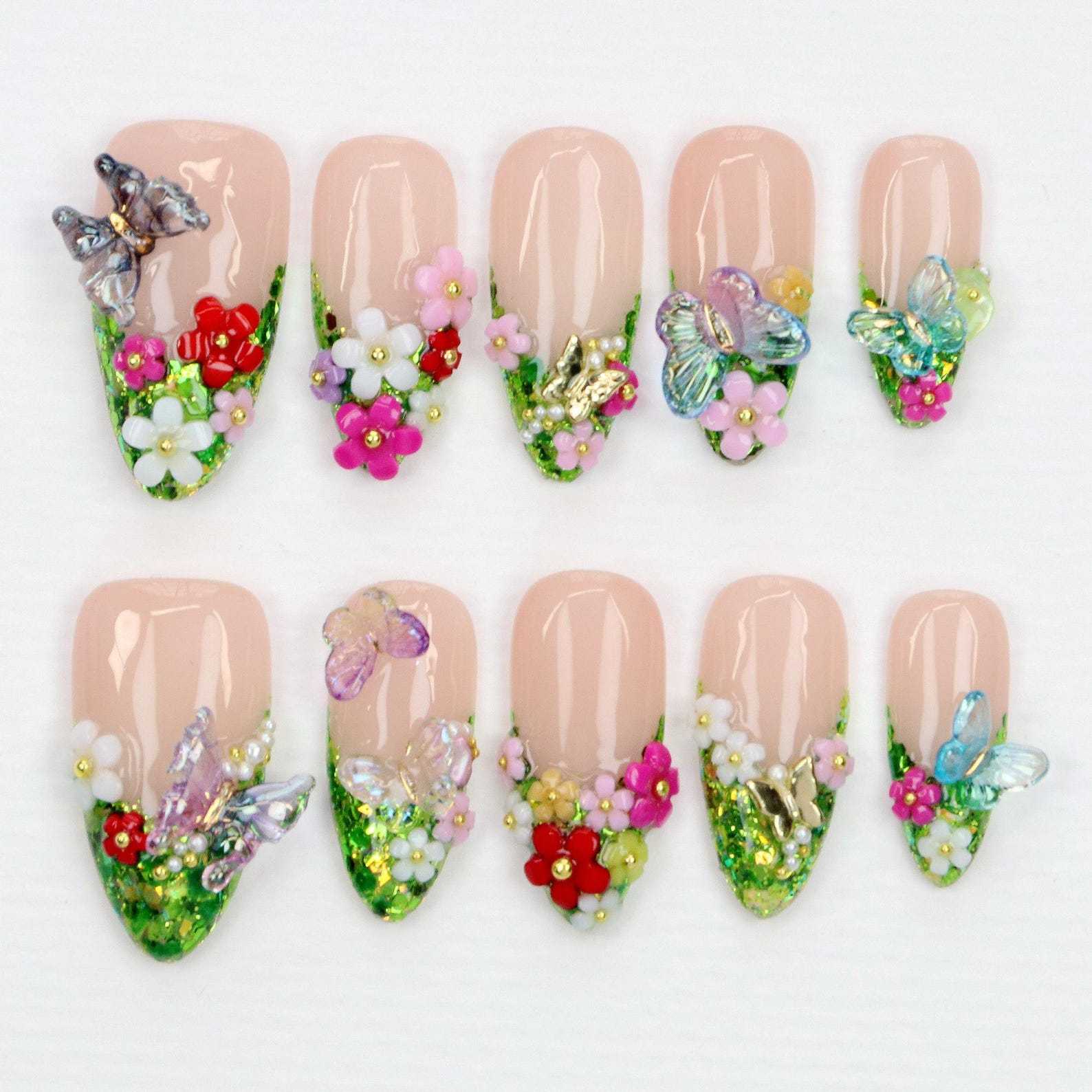 Green Glitter Press On Nails | Handcrafted Freestyle Forest-Inspired Secret Garden Nails | Custom 3D Butterfly Floral Fake Nails Art | Y2K Gifts OB906L