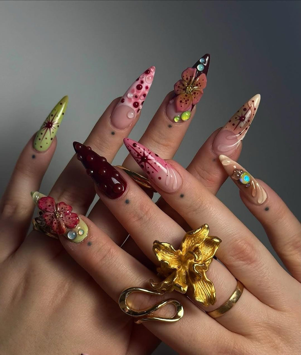 Handmade Burgundy Pink 3D Flower Star Dot Fantasy Press on Nails O18