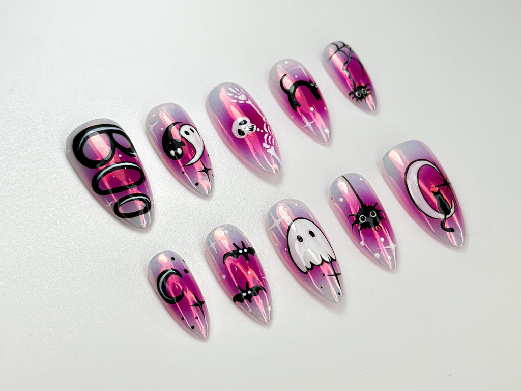 Cute Halloween Glow Press On Nails | Pink Spooky Ghost Nail Art | Glow in Dark Cat & Bat Nails | Adorable Halloween Press Ons | OC104HC