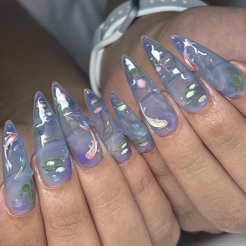 3D Koi Pond Transparent Art Press On Nails