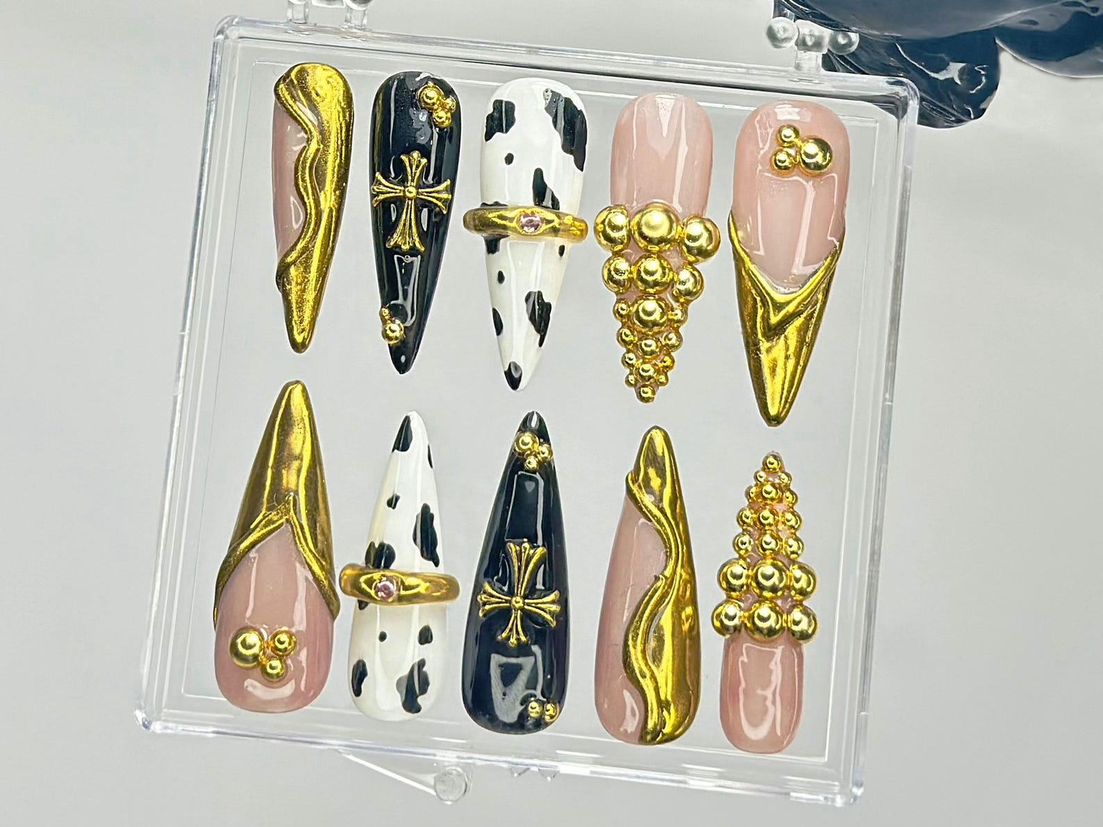 Black & Gold Luxury Press On Nails | Bold Cow Print Fake Nails | Golden Gothic Nail Art | Glam Cow Print. Cross Design Press Ons | OB919YK