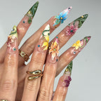 3D Tropical Flower Fairy Press On Nails | Colorful Floral & Green Vine Art | Whimsical Stiletto Design | Summer Festival Wedding | OB90DG