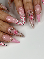 Pink Rose Press On Nails for Bridal | Handmade Rose Flower Nails with Pearls | Elegant Wedding Press Ons | Gold Frame Floral Nails | OB295HC