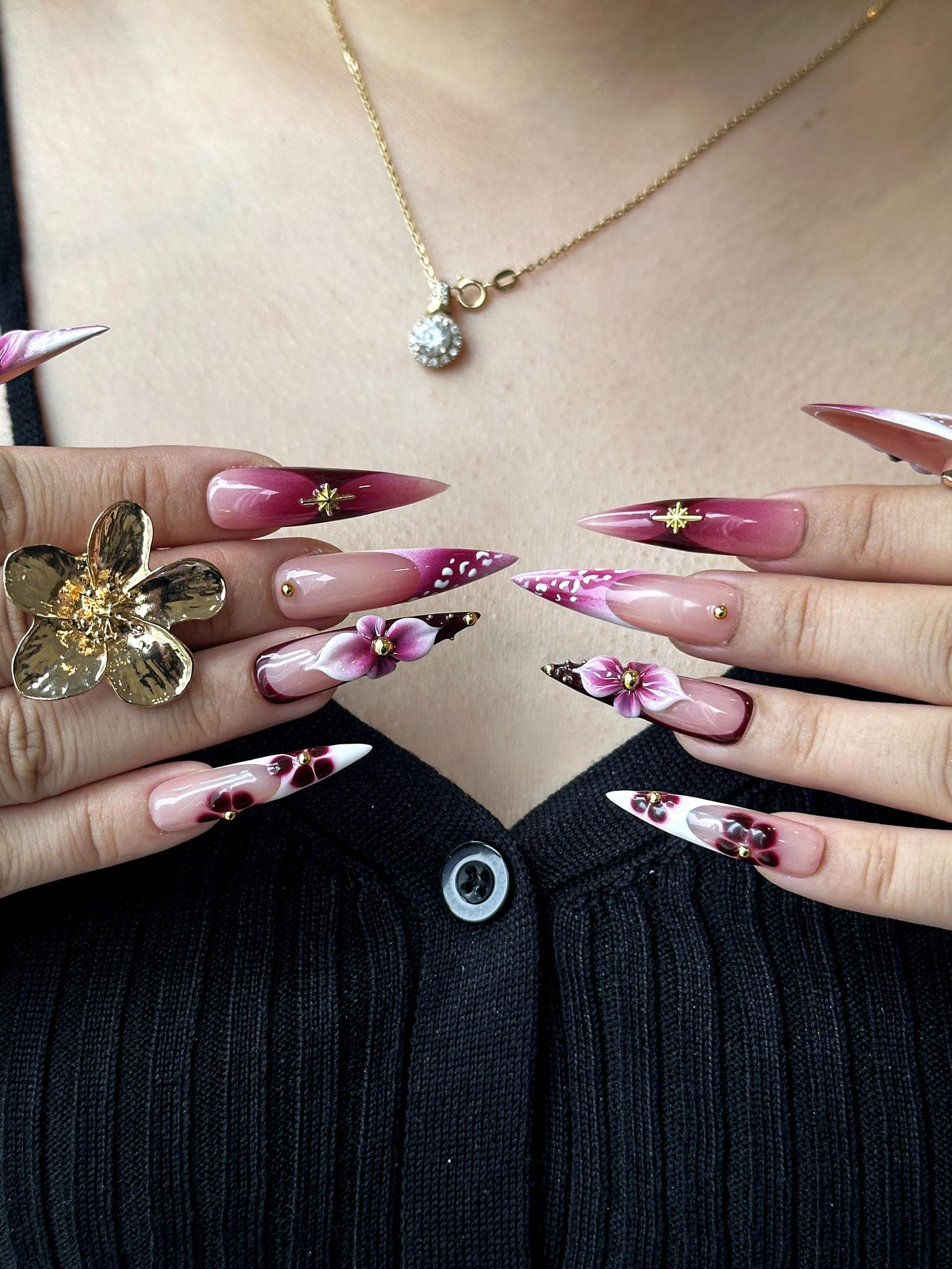 Elegant Floral Press On Nails | 3D Floral Ombre Nails | Burgundy & Pink Gradient Nail Art | Luxury Handmade Press Ons | OC881HC