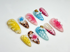 Hello Kitty Safari Press On Nails | Tropical Dolphin. Leopard Print Nails | 3D Kitty & Floral Summer Nails | Y2K Cute Vacation Nail | OB813H