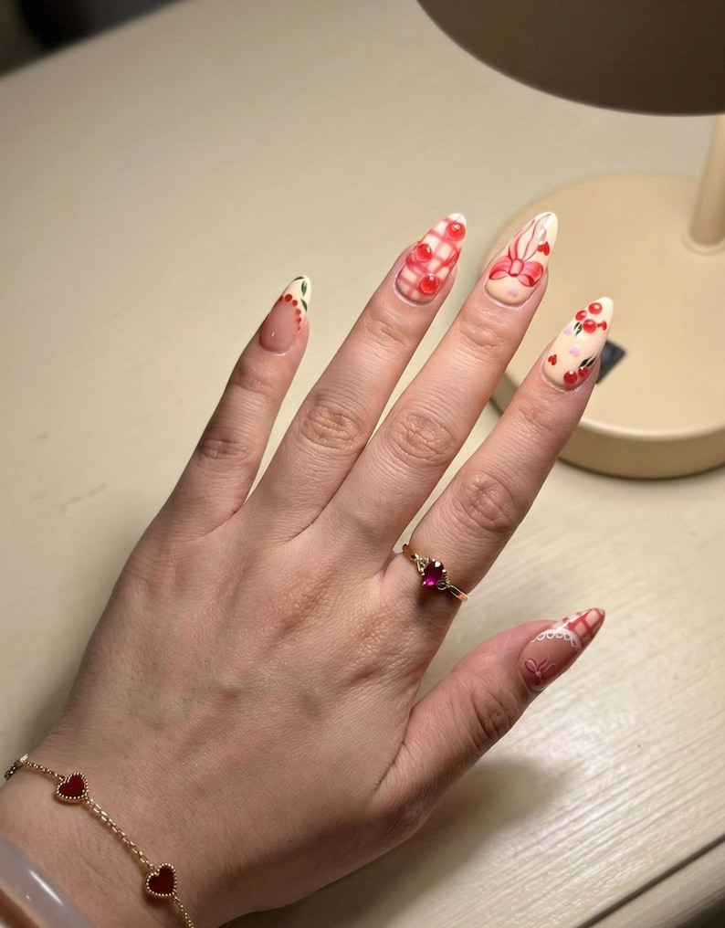 Press On Nails Adhesive Tabs – Cherry Heart & Pink Ribbon Nude Press On Nails. Handmade Valentine Fake Nails Sweet Romantic Nail Art | OB24L