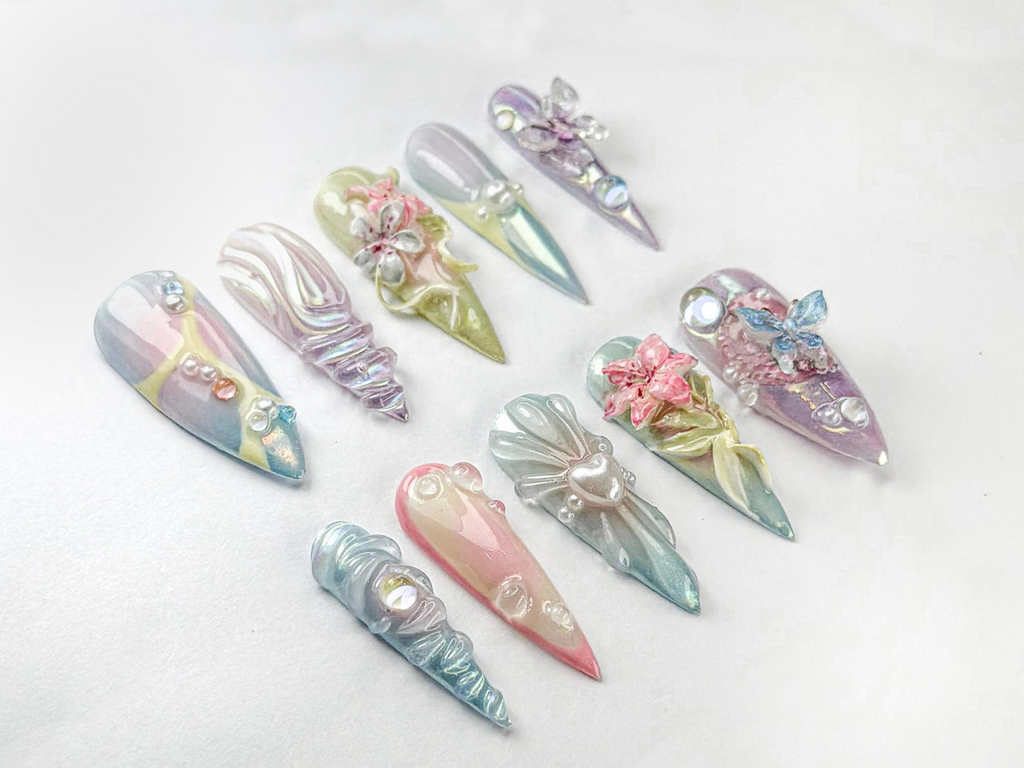 Fairycore Pastel Press-On Nails | Pastel Nature-Inspired Nail | Dreamy Iridescent Design | Butterfly 3D Nail Art | Nature-Inspired | OB730HK
