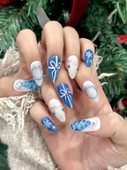 Frosty Blue Winter Gift Press On Nails For Christmas | Snowflake Glitter Christmas Nails | Blue White Holiday Set | 3D Icy Tree Accent | OC930EC