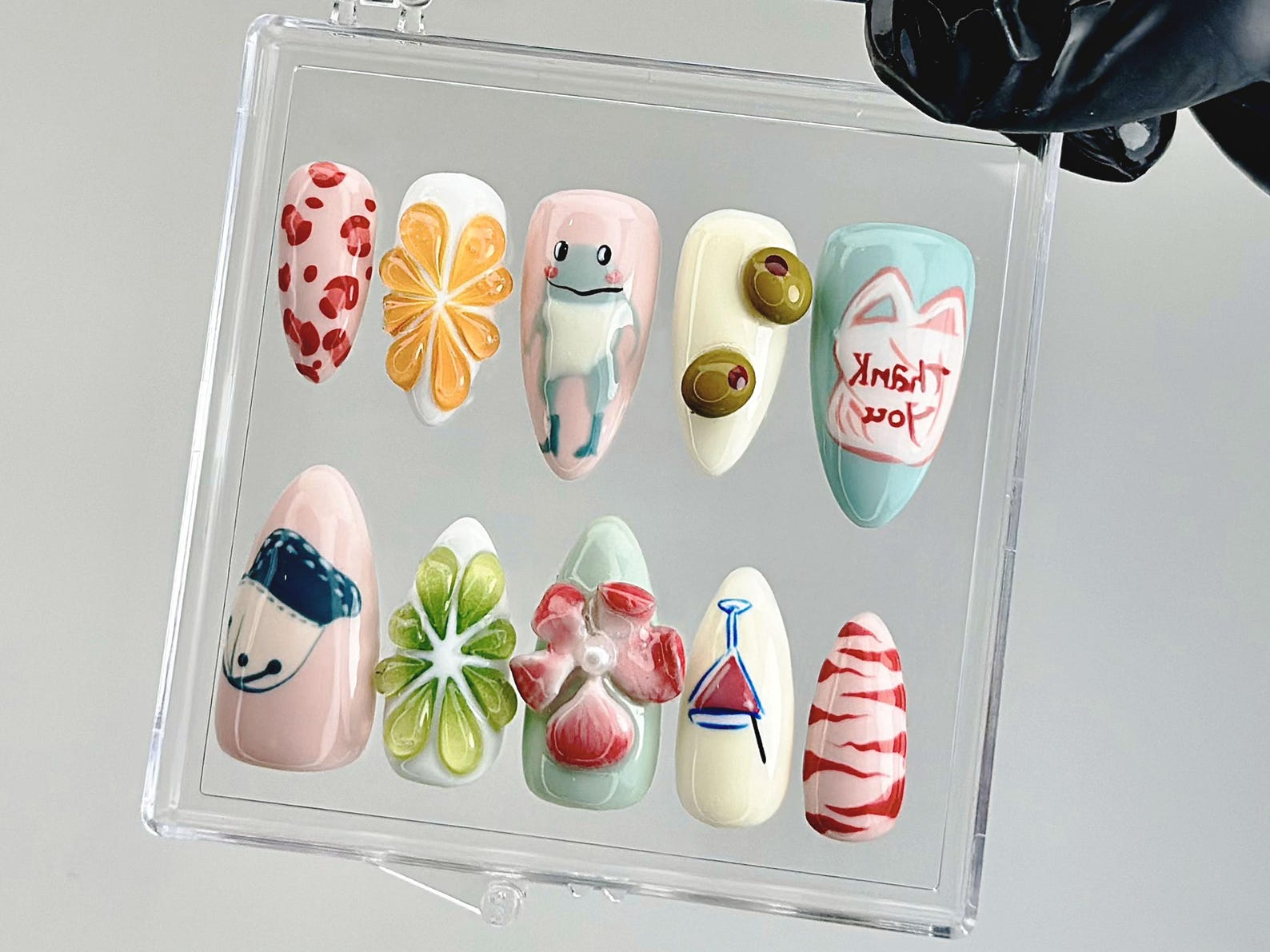 Funky Cartoon Press On Nails | 3D Frog. Flower. Smile Fake Nails | Handmade Kawaii Nail Art | Colorful Kawaii Press Ons | OB876YC