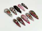 Gothic Metallic Stiletto Nails | Futuristic Metallic and Pink Nails with 3D Designs | Art Deco-Inspired Chrome | 3D Silver Details |OB600HK