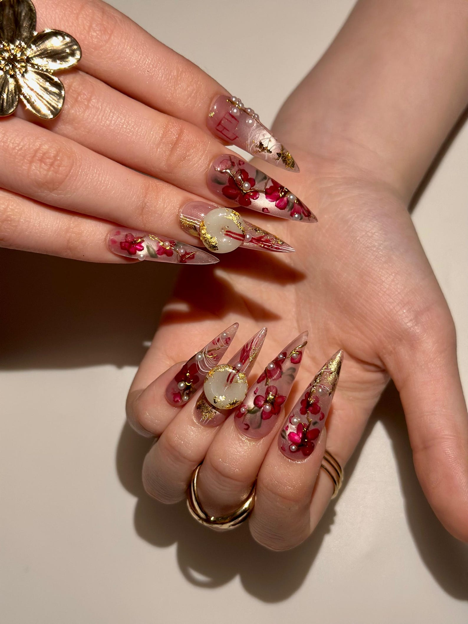 Handmade Cherry Blossom Press On Nails. Asian Inspired Luxury 3D Jade and Gold Leaf Nails. Elegant New Year Luxury Fake Nails. OB1021HC