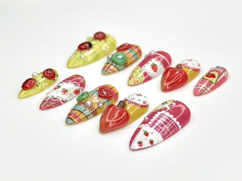 Ladybug. Strawberry Press On Nails | Vintage Strawberry Nail Art |3D Fruit & Plaid Design Nails |Summer Fruit Press Ons |Cute Nails |OB835YK