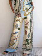 Unique Deep Sea Floral Print Loose Shirt and Pants Set
