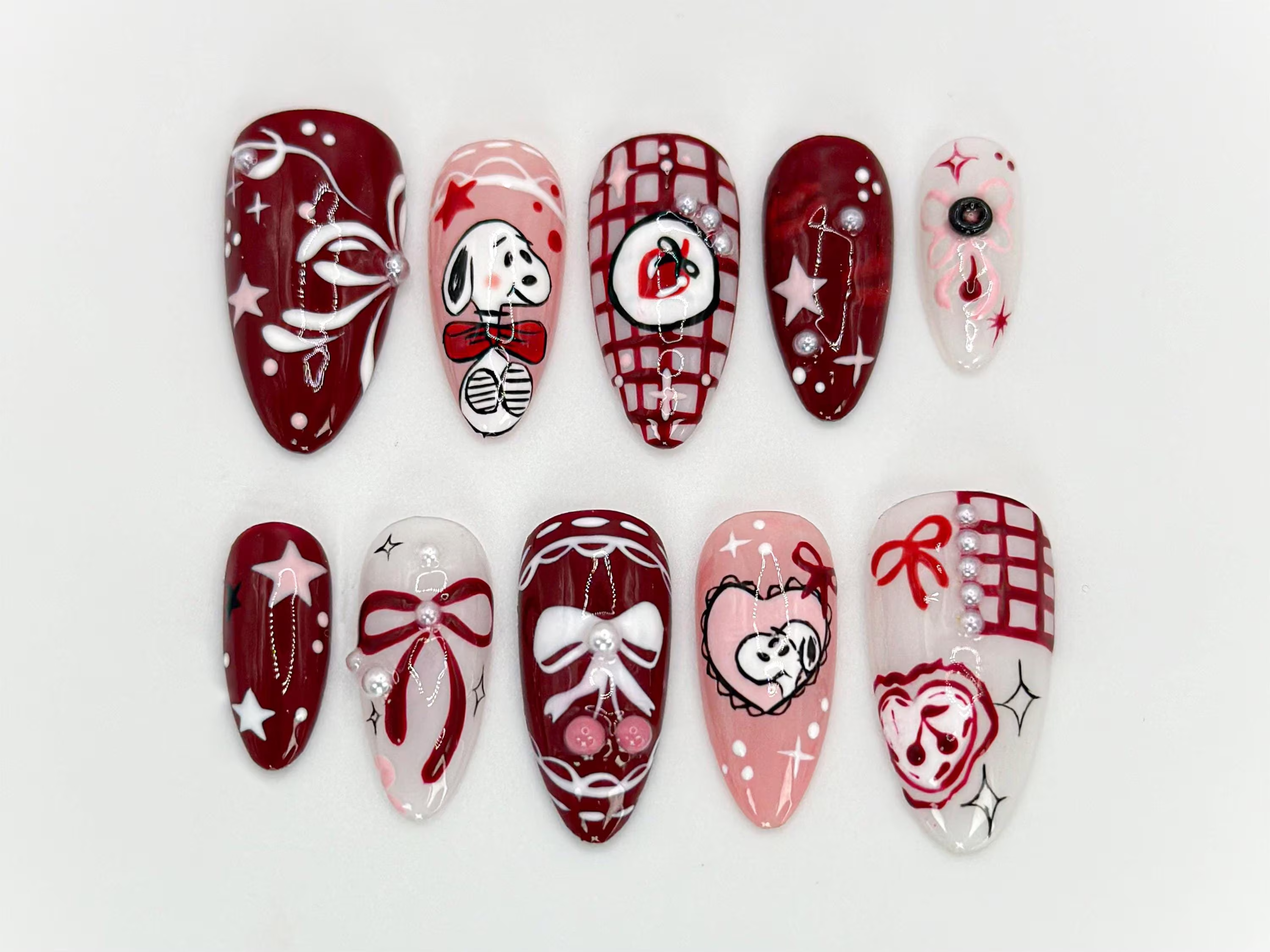 Snoopy-Inspired Red Press On Nails | Unique Hand-Painted Snoopy Design | Charming Stars and Bows Nail Set | Artistic Handmade Nail | OB566HK