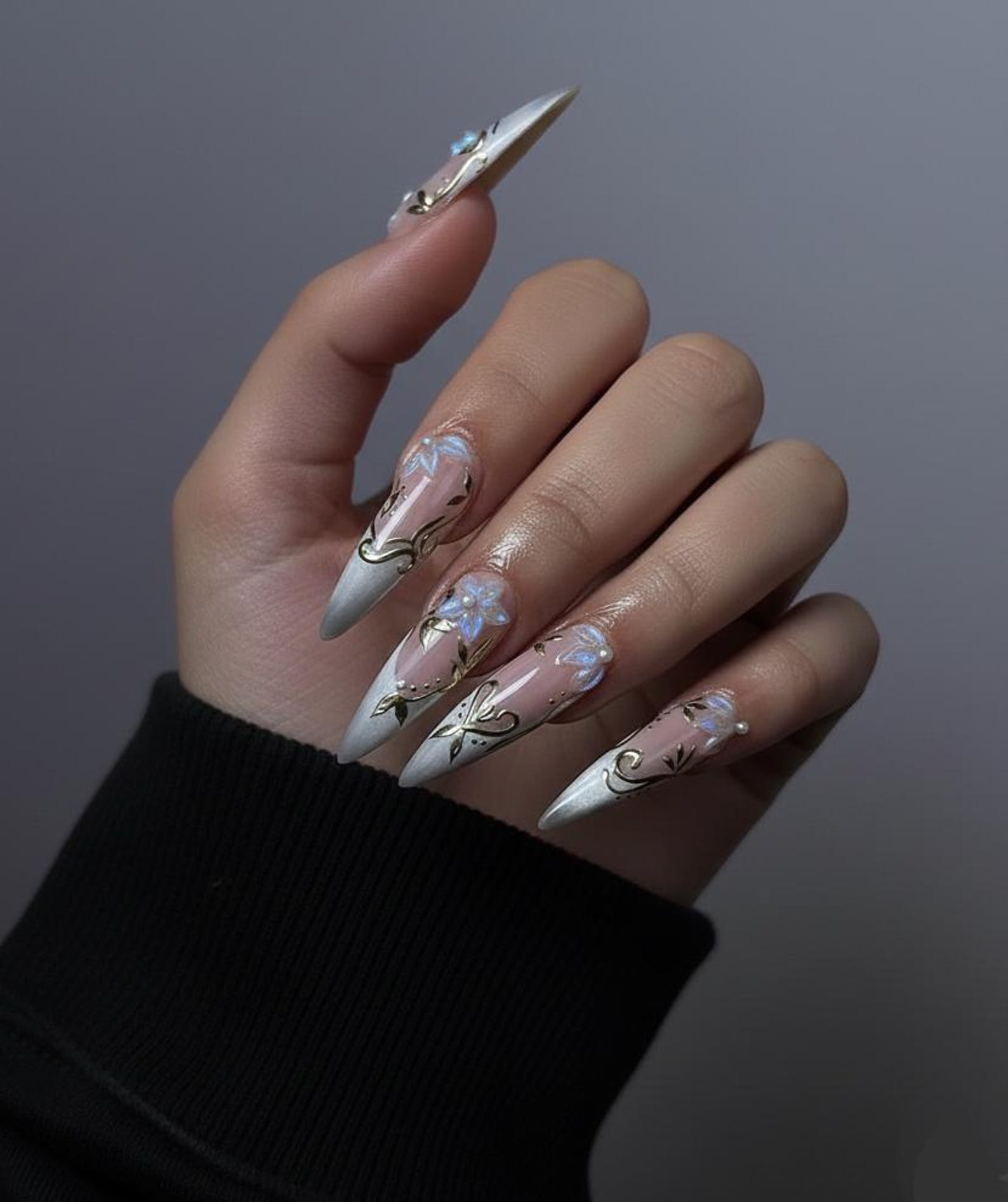 Spring Gothic Blossom Pressons Nails | Dusty Mauve Floral Nails | Iridescent 3D Flower Nail Art | Gold Vine Luxury Nail Set | OB267EC