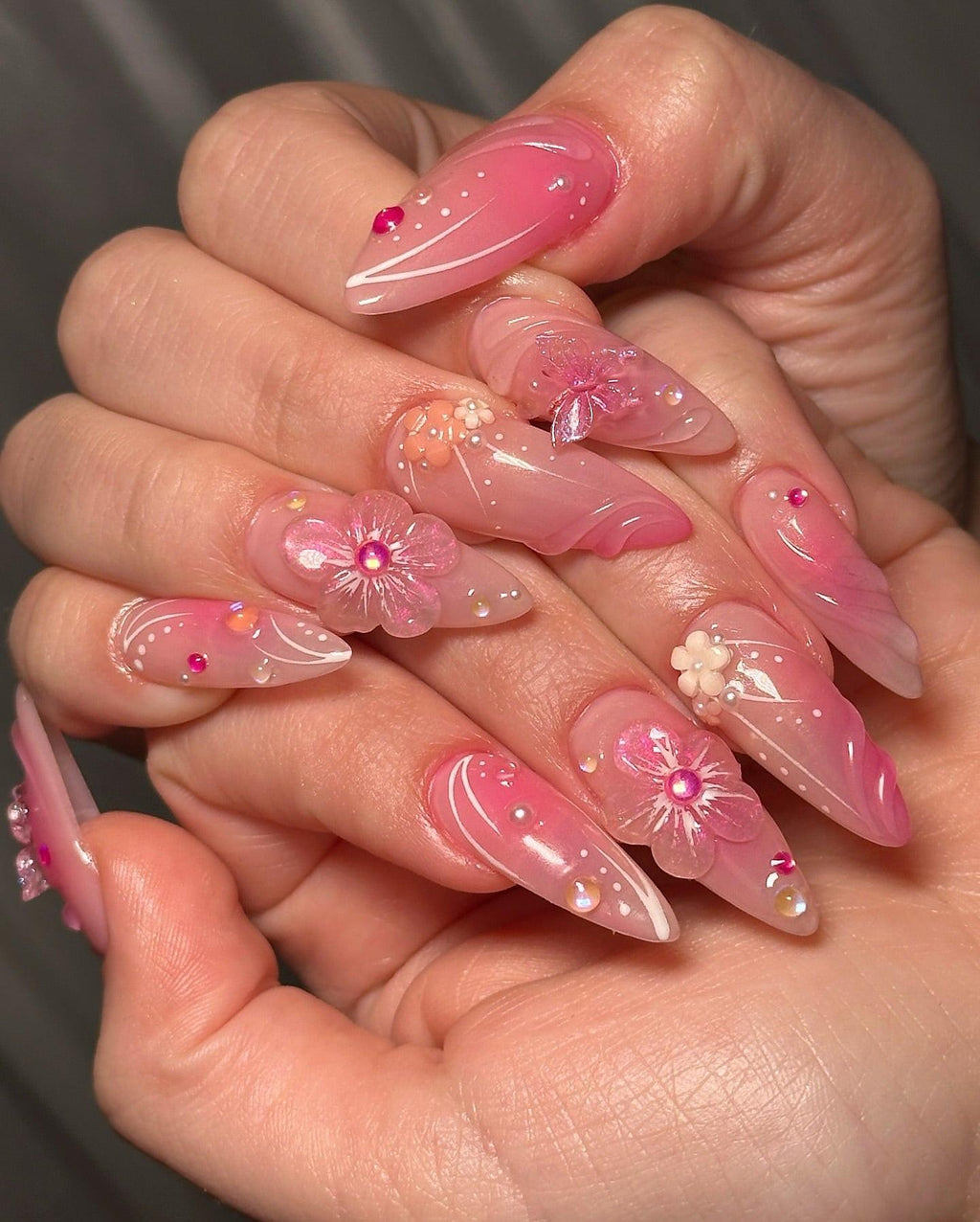 Handmade 3D Pink Fairy Garden Nails – Butterfly. Flower & Pearl Press-On Set E58