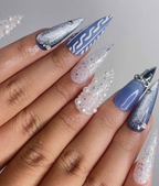 Frosted Winter Elegance Christmas Nails | Icy Blue Chrome Nail Art | Pearl Snowflake Design | Winter Wonderland Nails | Luxury Nail|OB1199HK