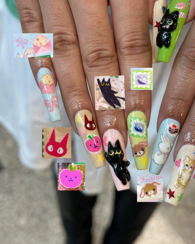 3D Kawaii Cat Press On Nails | Pastel Cartoon Fake nails | Cartoon Cat Bunny Nail Art | 3D Cute Animal Kawaii Nails | Pastel Nails | OB939YC
