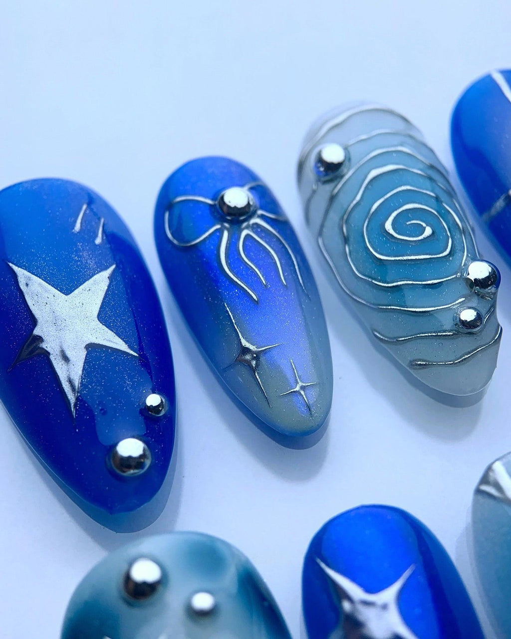 Handmade Blue Celestial Swirl Nail Art with Star Pearl Accent Press on Nails F31