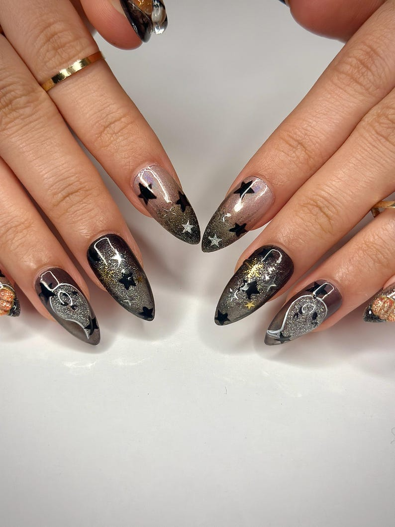 Pumpkin Gothic Press On Nails | Halloween Black & Orange Nails | Handmade Spooky Nail Design | Unique Gothic Pumpkin Nails | OB151HC