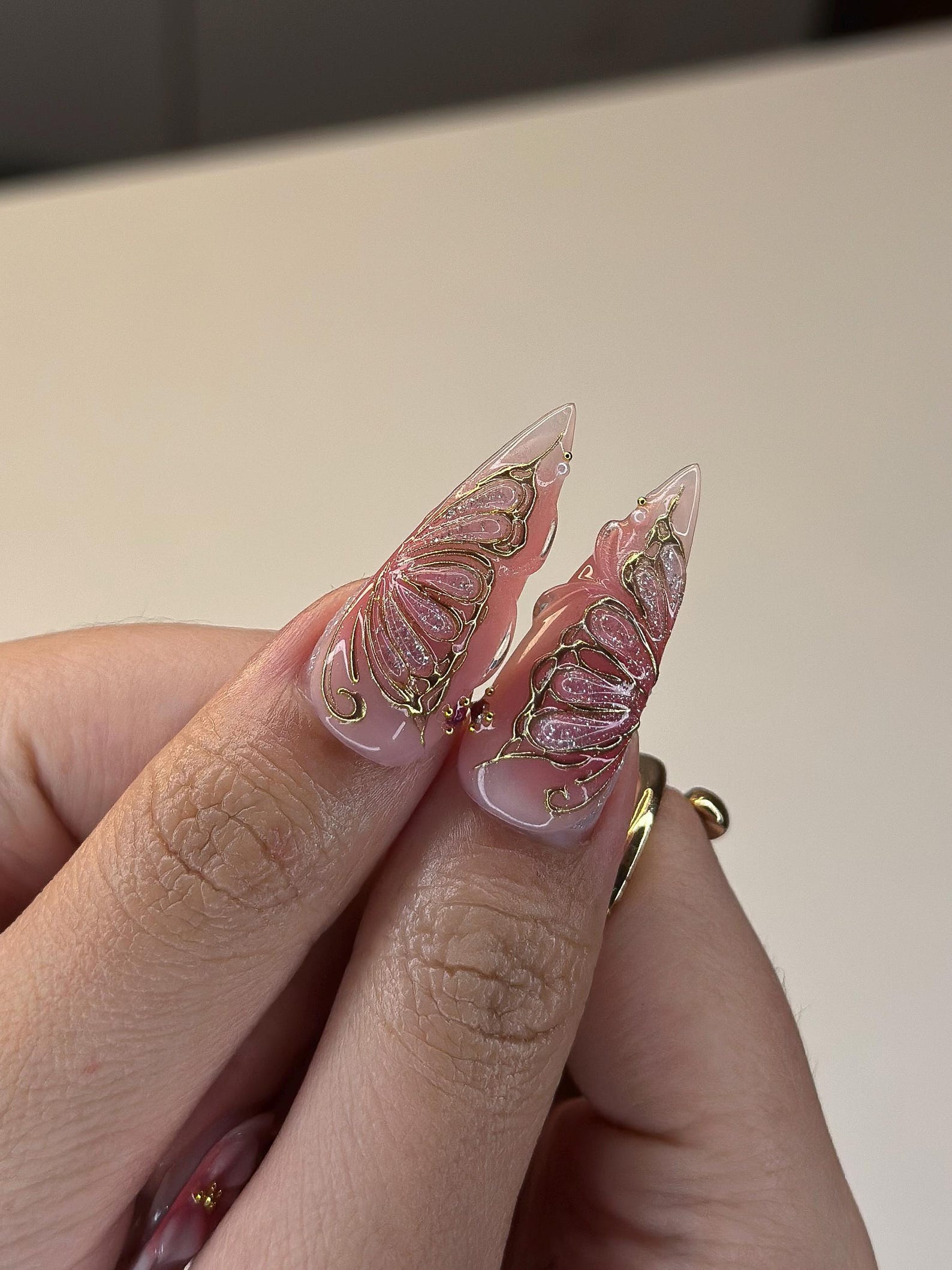 Gold Butterfly & Lily Nails | Pink Fairycore Press Ons | Luxury Floral Celestial Stiletto Art | Royal Fairy Nails | OB386IC