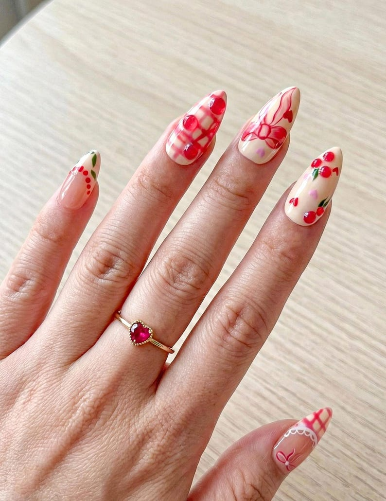 Press On Nails Adhesive Tabs – Cherry Heart & Pink Ribbon Nude Press On Nails. Handmade Valentine Fake Nails Sweet Romantic Nail Art | OB24L