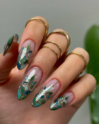 Stained Glass Floral Press On Nails | Neutral Floral Press Ons | Nude & Metallic Fake Nails |Elegant Bridal Nail Art |Wedding Nails |OB778YC
