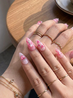 Press On Nails with Pink Ribbon & Heart Charm Design. Handmade Long Glossy Fake Nails for Romantic Coquette Look or Aesthetic Statement Nails | OB279