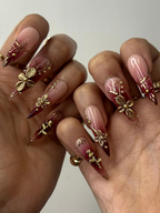 Golden Red Press On Nails | Burgundy & Gold Floral Nail Art | 3D Metallic Flower Design | Luxury Nail Set | Long Stiletto Press Ons| OC878HC