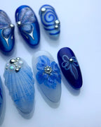 Handmade Blue Butterfly Floral Nail Art with Pearl Bow Accent Press on Nails P83