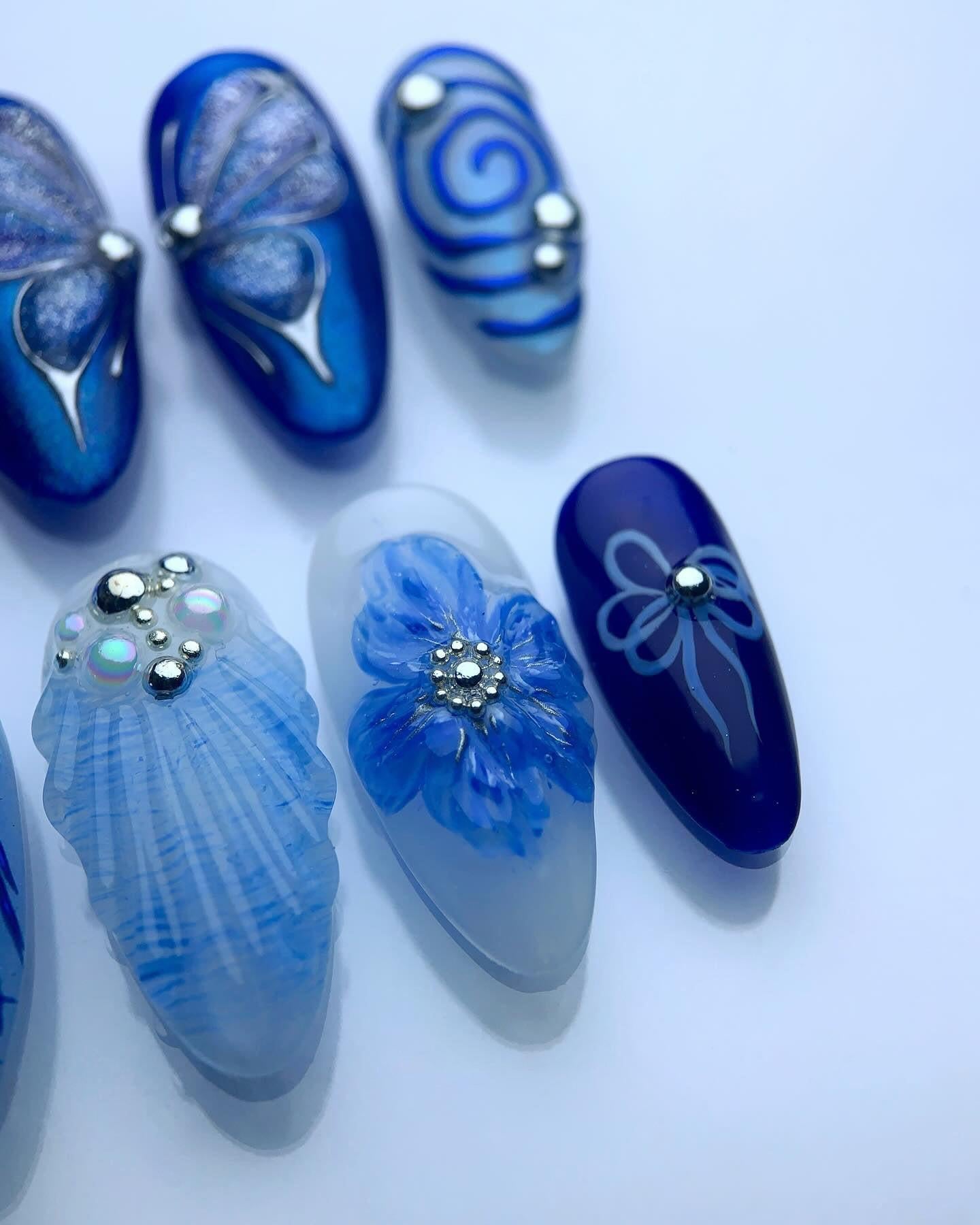 Handmade Blue Butterfly Floral Nail Art with Pearl Bow Accent Press on Nails P83