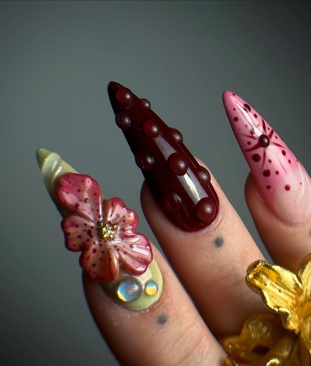 Handmade Burgundy Pink 3D Flower Star Dot Fantasy Press on Nails O18