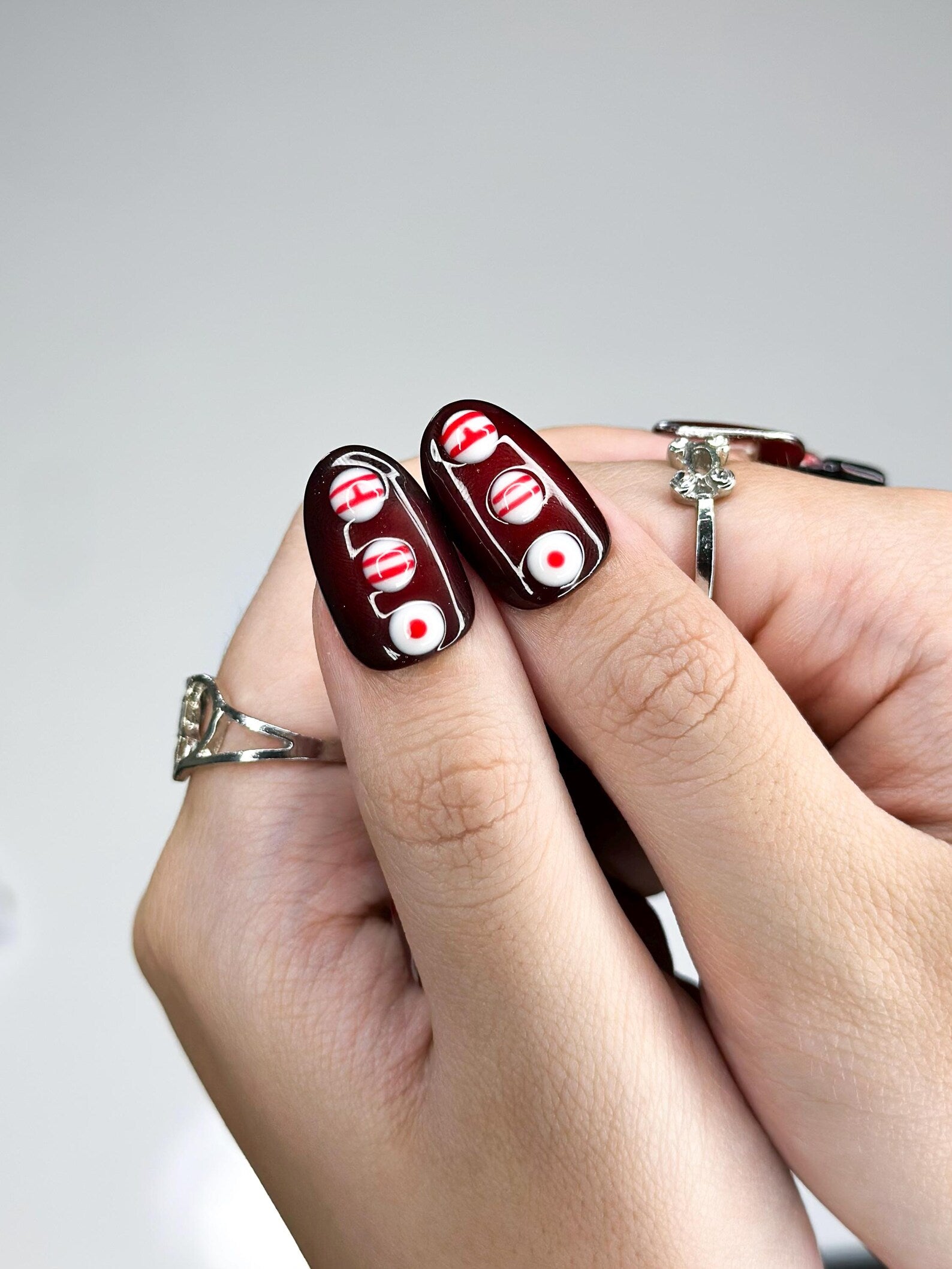 Kpop Inspired Arirang Spirit Nails | 7 Spirit Cupid Voyage Press Ons | Red White Silver 3D Chrome Nails | Fandom Concert Nails | OB359IC
