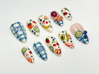 Fruit Picnic Press On Nails | Hand-Painted Fruit Nail Art | Summer Citrus Nail Design | Plaid Bow Cute Press Ons | Colorful Nails | OB853HC