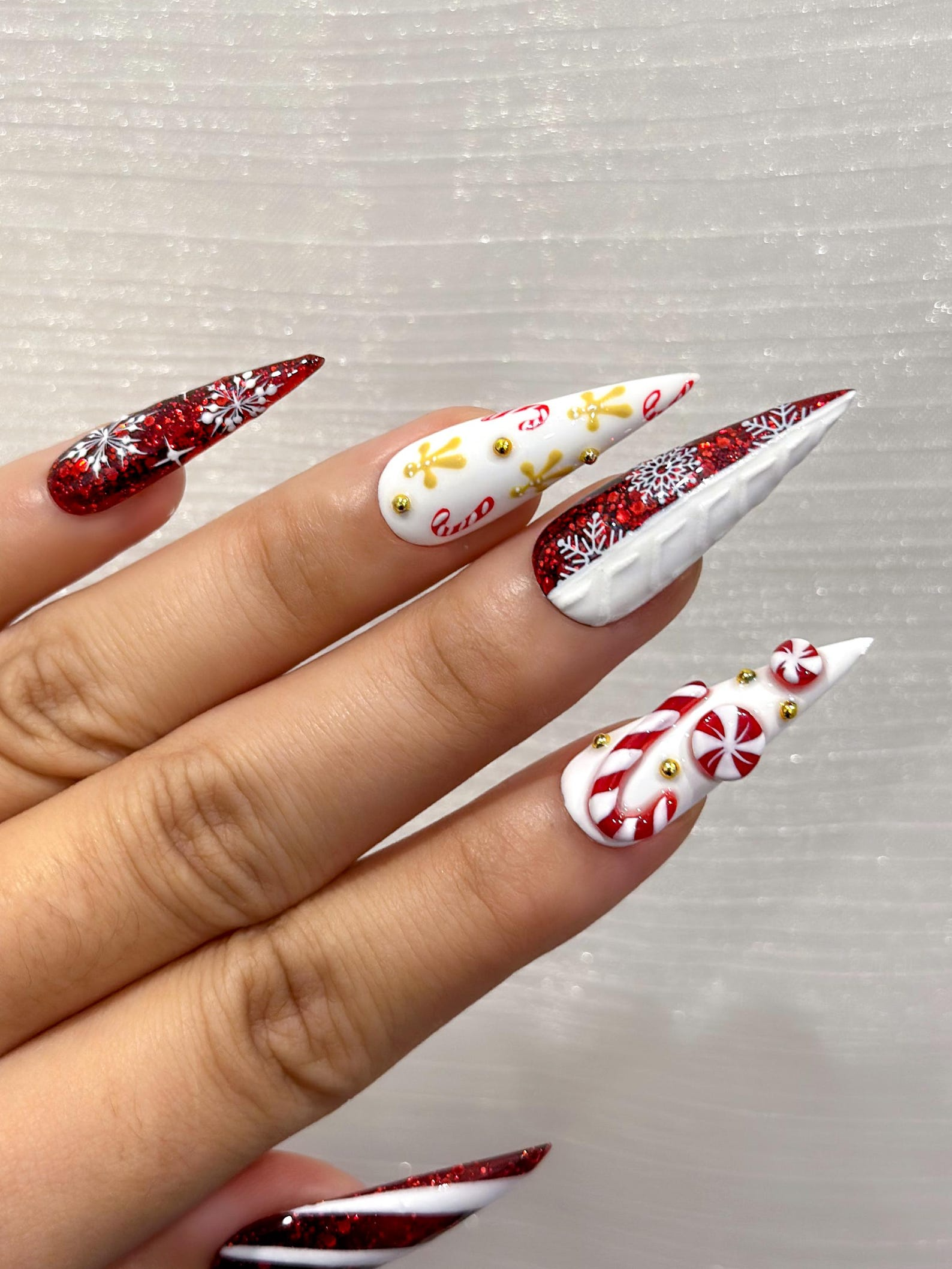 Red Glitter Christmas Press On Nails | Nails | Candy Cane Christmas Nail Art | Holiday Stiletto Nail Art | Luxury Festive Press Ons|OB1210EC