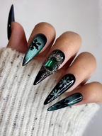 Emerald Snowflake Christmas Press On Nails | Black Green Winter Nails | Luxe Holiday Nail Art | Stiletto Press Ons | Winter Set | OB237HC