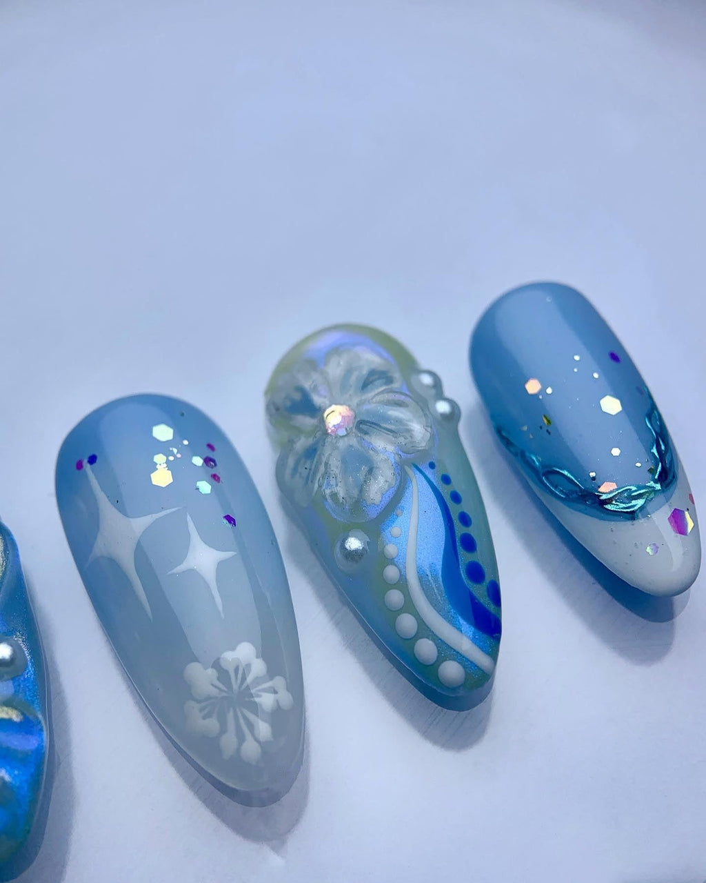 Handmade Blue Holographic Floral and Bow Accents Reusable Press on Nails W09