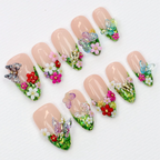 Green Glitter Press On Nails | Handcrafted Freestyle Forest-Inspired Secret Garden Nails | Custom 3D Butterfly Floral Fake Nails Art | Y2K Gifts OB906L