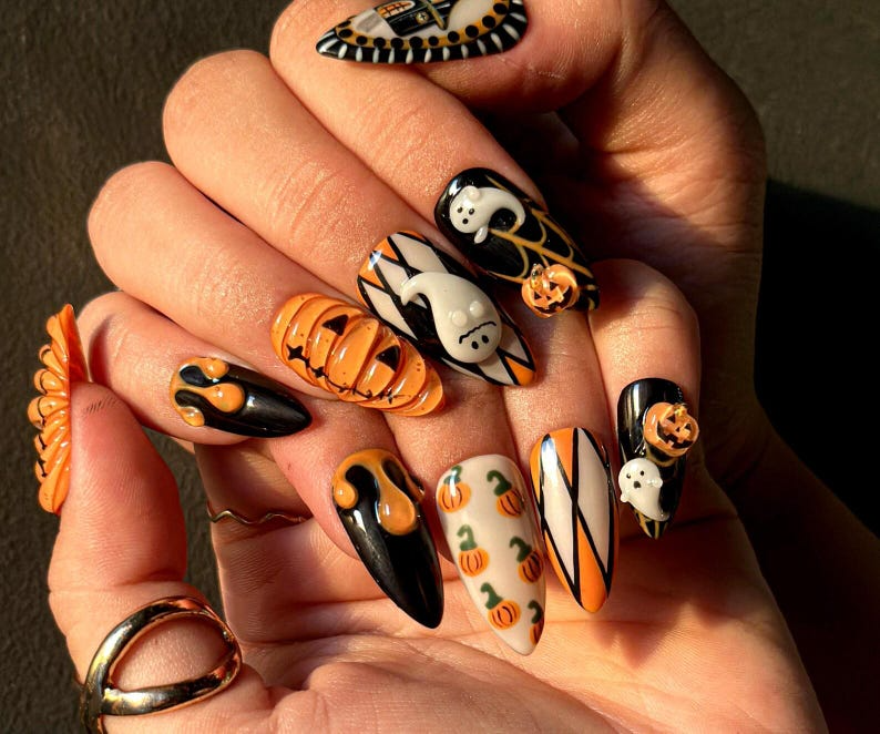 Pumpkin Haunted Night Press On Nails | 3D Ghost Pumpkin Nail Art | Handmade Halloween Nail Design | Black & Orange Press Ons | OB102HC