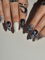 Gothic Violet Chrome Press On Nails | Black Silver Luxury Nails | 3D Baroque Floral Nails | Dark Elegant Nails | OC310HC