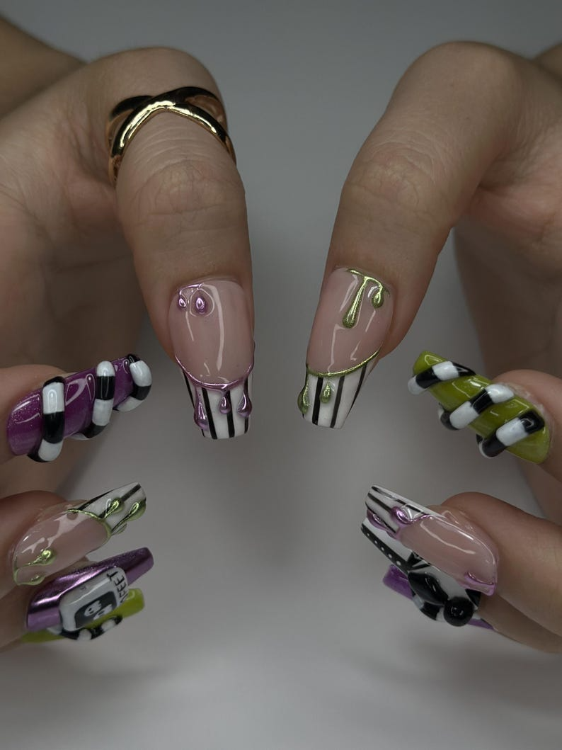 Spooky Stripes Press On Nails | Beetle-Inspired Gothic Nail Art | Handmade Creepy Cute Nails | Halloween Party Nail Art OC140L