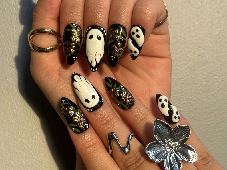 Midnight Ghost Garden Press On Nails | 3D White Ghost Nail Art | Black & Gold Floral Halloween Set | Handmade Spooky Long Nails | OB1081EK