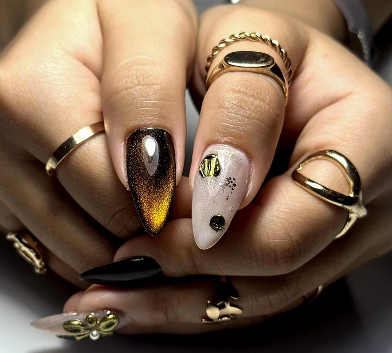 Golden Eclipse Glam Press On Nails | Metallic Brown Cat-Eye Gradient | 3D Gold Floral & Gem Accents | Luxury Handmade Nail Art | OB148EC