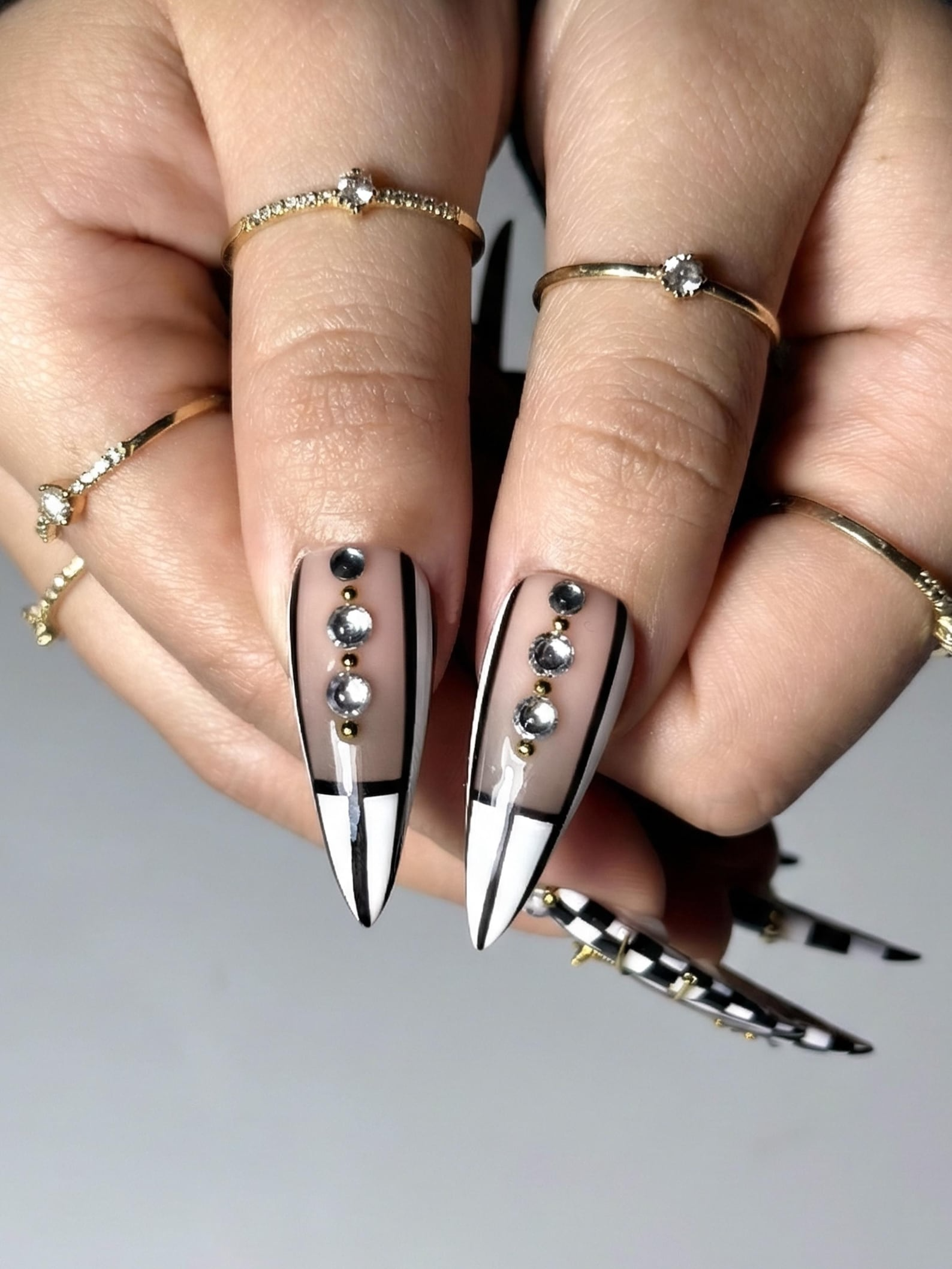 Black & White Gothic Press On Nails | Luxury Girl Stiletto Nail Art | Gold Accent Checker Nails | High Fashion Press Ons | OB1264EC
