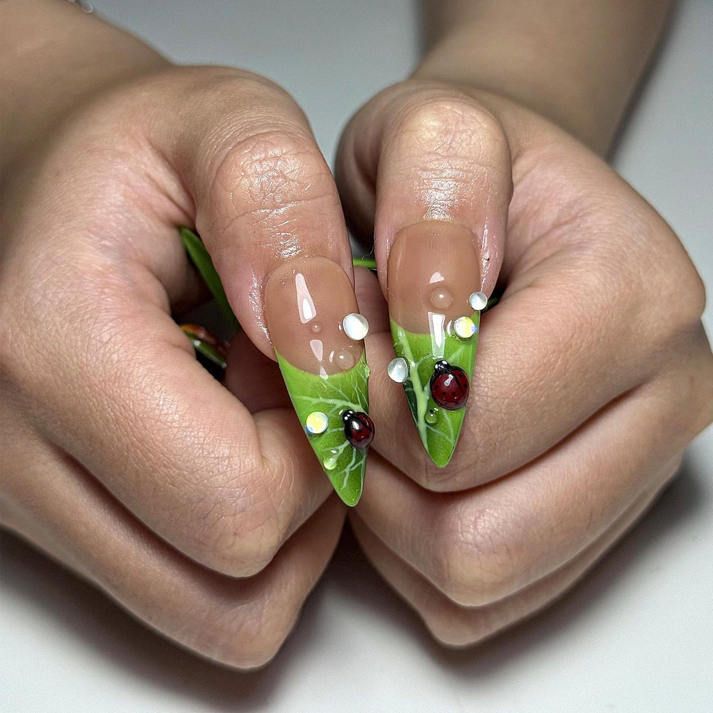Green Floral Press On Nails with Ladybug and Pearl | 3D Nature Nails in Long Almond | Handmade Spring Nails for Wedding. Vacation | OB330N